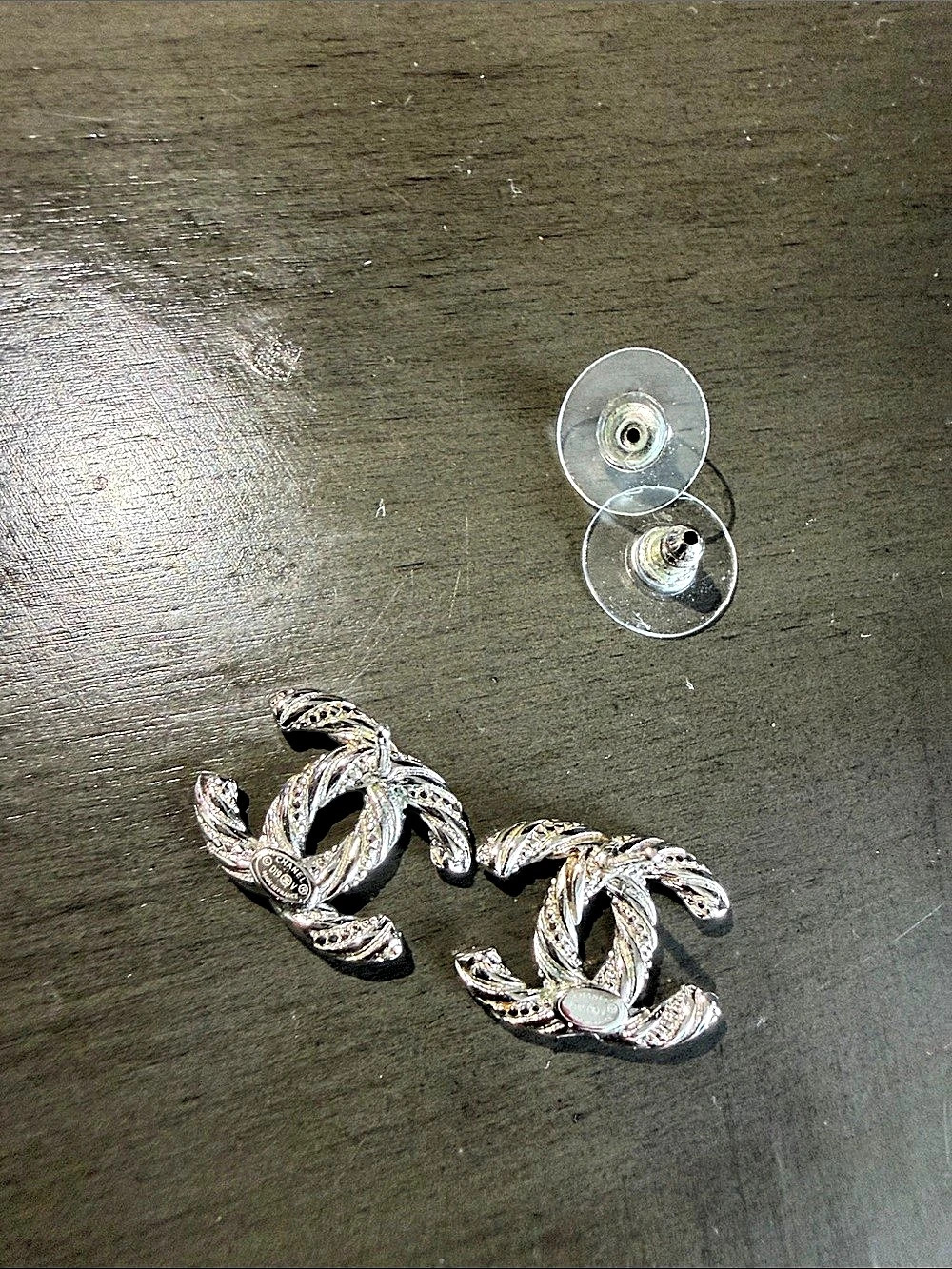 Vintage Chanel Crystal Twisted CC Earrings Silver